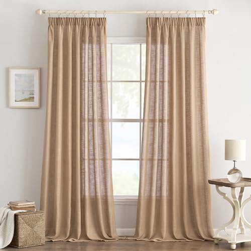 EMEMA Gardinen Vorhänge Leinenvorhang mit Kräuselband Voile Vorhang Leinenoptik Modern Halbtransparent für Wohnzimmer Dekoschal Küchengardinen Schlaufenschal Schlafzimmer Braun 140 x 280 cm von EMEMA