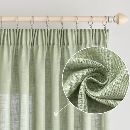 EMEMA Gardinen Vorhänge Leinenvorhang mit Kräuselband Voile Vorhang Leinenoptik Modern Halbtransparent für Wohnzimmer Dekoschal Küchengardinen Schlaufenschal Schlafzimmer Grün 140 x 215 cm von EMEMA