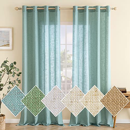 EMEMA Gardinen Vorhänge Leinenvorhang mit Ösen Voile Vorhang Leinenoptik Modern Halbtransparent für Wohnzimmer Dekoschal Kinderzimmer Schlaufenschal Küchengardinen 2er Set 140x300cm (BxH) Türkis von EMEMA
