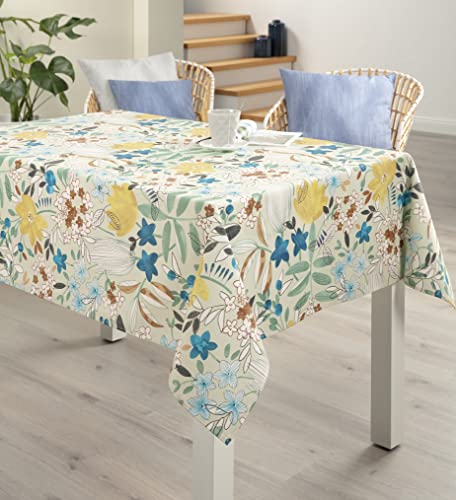 EMHELLE Baumwolle Tischdecke Tischwäsche Blumendruck mit Fleckschutz Baumwolltischdecke Bunt Verschiedene Größen, Eckig, Oval (130 x 160 cm, Grünblau) von EMHELLE