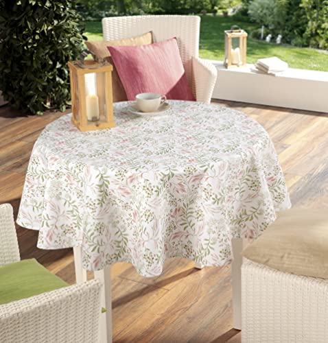 EMHELLE Baumwolle Tischdecke Tischwäsche Blumendruck mit Fleckschutz Baumwolltischdecke Verschiedene Größen, Eckig, Oval (140 cm Rund, Grün-Rose) von EMHELLE