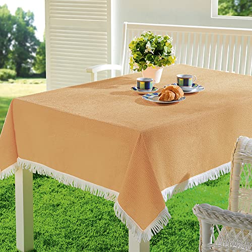 EMHELLE Gartentischdecke Garten Balkon Terrasse Tischdecke Camping Picknick Rund Oval Eckig Außen und Innenbereich Rutschhemmende Oberfläche mit weißen Fransen (130 x 180 cm, Beige) von EMHELLE