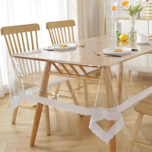 EMHELLE Tischdecke Transparent mit Weißer Spitze, Tischfolie, PVC Tischschutz, Wasserdicht, Glasklar 0,1 mm (140 x 190 cm Oval) von EMHELLE