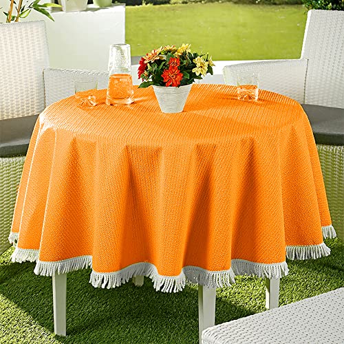 EMHELLE Gartentischdecke Garten Balkon Terrasse Tischdecke Camping Picknick Rund Oval Eckig Außen und Innenbereich Rutschhemmende Oberfläche mit weißen Fransen (160 cm Rund, Orange) von EMHELLE