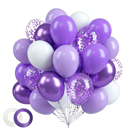 70Pcs Lila Luftballon Set, Lila Weiß Luftballons, Metallic Lila Luftballons, Matt Lila Weiß Helium Ballons, 12 Zoll Lila Konfetti Ballons mit Bändern, für Mädchen Geburtstagsfeier Hochzeit Babyparty von EMHTHME