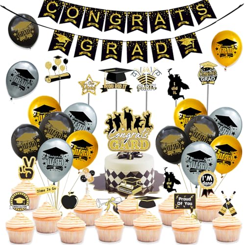 35 PCS Abschlussfeier Party Dekoration, Glückwunsch abschluss deko Set, Graduation Deko Schwarz Gold Set mit Abschluss Luftballons, Hängedeko Tortendeko, Bachelor Deko, Graduierung Fotorequisiten von EMHTHME