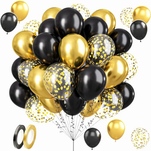 60 Stück Metallic Gold Schwarz Ballons, Schwarz Metallic Gold Konfetti Luftballons, Golden Konfetti Helium Balloons,12 Zoll Gold Schwarze Party Luftballons, für Abschlussfeier, Party Deko von EMHTHME