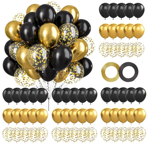 Luftballons Metallic Gold Schwarz Ballons, 60 Stück Schwarz Metallic Gold Konfetti Luftballons, Golden Konfetti Helium Balloons,12 Zoll Gold Schwarze Party Luftballons, für Abschlussfeier, Party Deko von EMHTHME