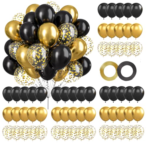 60 Stück Metallic Gold Schwarz Ballons, Schwarz Metallic Gold Konfetti Luftballons, Golden Konfetti Helium Balloons,12 Zoll Gold Schwarze Party Luftballons, für Abschlussfeier, Party Deko von EMHTHME