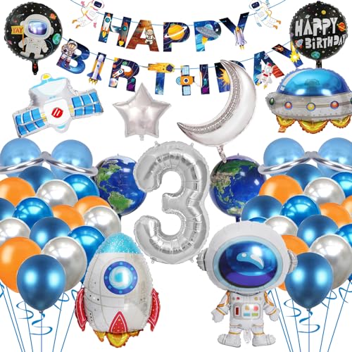 Weltraum Astronaut Folienballon, Kinder Happy Birthday Astronaut Ballon, Astronaut Rakete Folienballon Luftballons für Kinder Junge Mädchen Geburtstagsparty 3 Jahre von EMHTHME