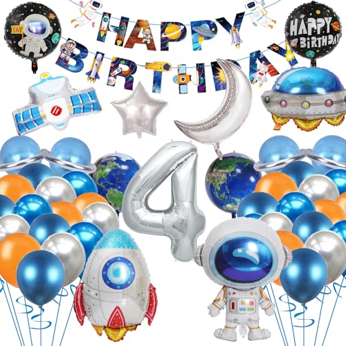 Weltraum Astronaut Folienballon, Kinder Happy Birthday Astronaut Ballon, Astronaut Rakete Folienballon Luftballons für Kinder Junge Mädchen Geburtstagsparty 4 Jahre von EMHTHME