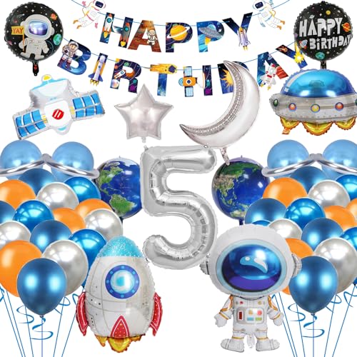 Weltraum Astronaut Folienballon, Kinder Happy Birthday Astronaut Ballon, Astronaut Rakete Folienballon Luftballons für Kinder Junge Mädchen Geburtstagsparty 5 Jahre von EMHTHME