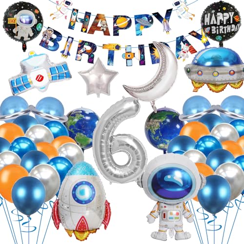 Weltraum Astronaut Folienballon, Kinder Happy Birthday Astronaut Ballon, Astronaut Rakete Folienballon Luftballons für Kinder Junge Mädchen Geburtstagsparty 6 Jahre von EMHTHME