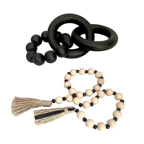 Dekorative Holzknoten, Gliederkette, Dekoration und Perlen, Boho, Bauernhaus, rustikale Heimdekoration, Girlande, Set, Regal, Couchtisch, Dekoration, Schwarz, 2 Stück von EMINGSKY
