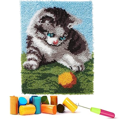 EMISTEM Knüpfhaken-Sets für Erwachsene – DIY-Knüpfhaken-Teppich-Sets für Kinder, Häkelset für Anfänger, Geschenkverpackung. (Niedliche Katze mit Baseball, 38.1x53.3 cm) von EMISTEM