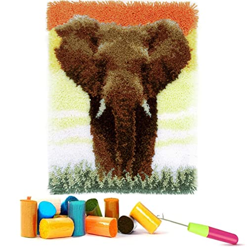 EMISTEM Knüpfhaken-Sets für Erwachsene – DIY Knüpfhaken-Teppich-Sets für Kinder, Häkelset für Anfänger, Teppichherstellungs-Sets mit bedruckter Leinwand, Geschenkverpackung. (Elefant, 38,1 x 53,3 cm) von EMISTEM