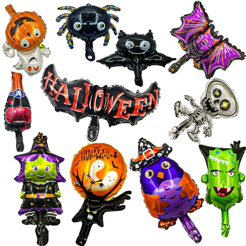 Halloween Folienballons, 11 Stück Mini Halloween Luftballons für Kindergeburtstag, Mini Spinnenfledermaus Skelett Kürbis Ghost Pumpkin Cat für Halloween Bar-Dekoration Party Luftballons von EMITUOFO