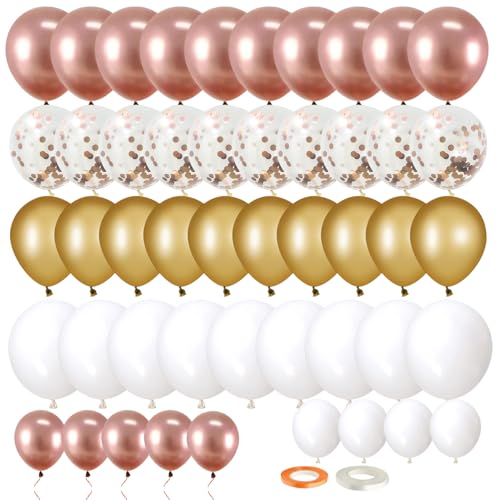 EMITUOFO Luftballons Rosegold Gold, 70 Stück Luftballons Roségold Weiß Latex Ballons Helium Ballons Konfetti Luftballons Metallic Ballon für Mädchen Frauen Hochzeit Verlobung Geburtstag Party Deko von EMITUOFO