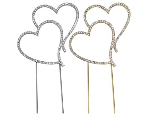 2 Stück(Gold, Silber) Doppelherz Hochzeitstorte Topper,Zwei Herzen Strass Hochzeitstorte Topper mit 3 Perlenschleifen-Backdekoration,Legierung Kristall Tortenaufsatz für Hochzeit Party Jubiläum Kuchen von EMMALOUISESMITH