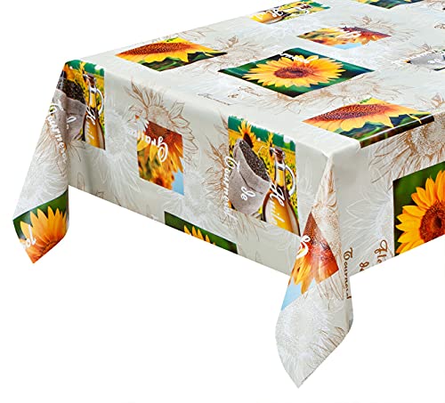 emmevi Tischdecke für Küche, schmutzabweisend, Wachstuch, Tischdecke, Sonnenblumen, Jutesack, Kaffee, Modell 253, 140 x 160 cm von emmevi