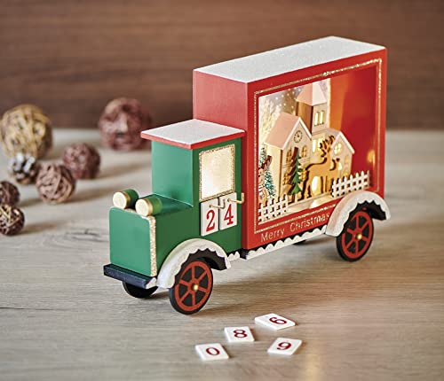 EMOS Leuchtender Laster Adventskalender, Holz LKW mit LED-Beleuchtung und Dekoration, warmweiß, Weihnachtsdekoration für den Innenbereich IP20, batteriebetrieben (2x AA), 6/18h Timer, 20x30,5 cm von EMOS