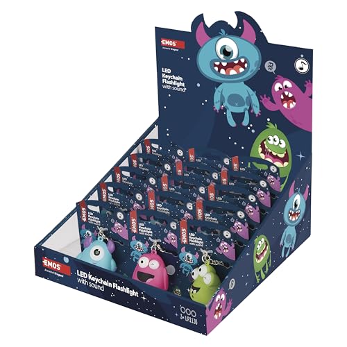 EMOS - Monster Schlüsselanhänger mit LED-Licht und Ton - 3D Kinder-Anhänger für Schlüsselbund, Autoschlüssel, Rucksack - Mitbringsel, Partytütenfüller, Geschenkidee - inkl. Batterie, Box mit 3x 6 Stk von EMOS