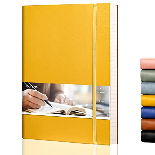 EMSHOI B5 Notizbuch, liniert, 19 x 25 cm, großes Leder-Tagebuch mit Haftnotizen, 204 nummerierte Seiten, 100 g/m², liniertes Papier, Softcover, Gelb von EMSHOI