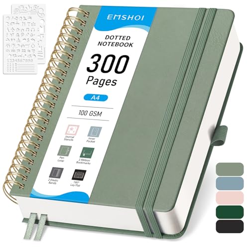 EMSHOI Bullet Dotted Journal Spiralnotizbuch, 300 Seiten, A4, Hardcover, Leder, 100 g/m² dickes Punktraster, Notizbuch für Damen und Herren, Arbeit, Schreiben, Bullet Journaling, Zeichnen, 21 x 28,4 EMSHOI Bullet Dotted Journal Spiralnotizbuch, 300 Seiten, A4, Hardcover, Leder, 100 g/m² dickes Punktraster, Notizbuch für Damen und Herren, Arbeit, Schreiben, Bullet Journaling, Zeichnen, 21 x 28,4 von EMSHOI