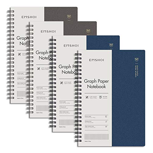 EMSHOI Graph Spiralnotizbuch, 4er-Pack, 640 Seiten, A5, kariertes Papier, Notizbuch/Tagebuch, wasserdichtes PVC-Hardcover, 100 g/m², dickes Papier, mit Haftnotizen, 14,5 x 21,1 cm, Kaffeeblau von EMSHOI