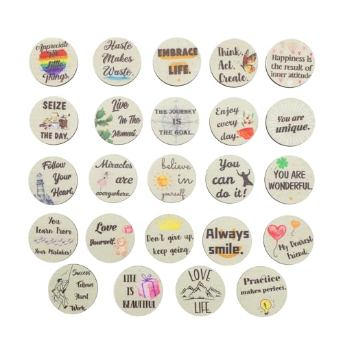 EMSea 24Pcs Lucky Wooden Round Motivation Charms Set with Inspirational Sayings and Colorful Patterns Inspiring Decoration for Friends Colleagues Children, English von EMSea