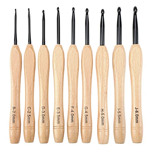EMSea 9-teiliges Häkelnadel-Set Stricknadel-Set mit ergonomischem flachem Griff, Holzgriff zum Häkeln, leichtes Strick- und Häkelzubehör, 2,0 mm - 6,0 mm von EMSea