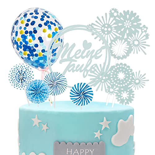 Cake Topper Taufe meine Taufe Torten Topper Tortendeko mit Feuerwerk Konfetti-Luftballons und Papierfächer Dekoration für Kommunion Taufe Junge Mädchen (Blau) von ENAIAH