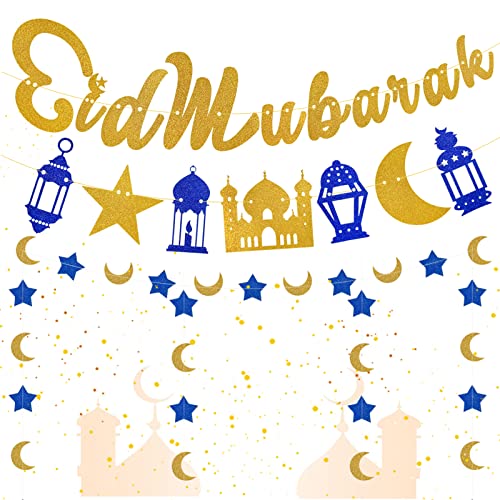 Ramadan Kareem Dekoration Banner,Eid Mubarak Banner Set Glitzerndes Banner und Mond Sterne Girlande hängen Eid Mubarak Dekoration Muslimischer IslamEid Feier Dekoration von ENAIAH