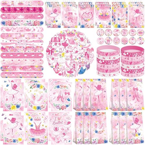 Ballett-Partygeschenke, 12 Geschenktüten, 12 Mini-Notizblöcke, 12 Gummi-Armbänder, 50 Aufkleber, 12 zusammenbaubare Aufkleber, 12 Knopf-Abzeichen, 12 Slap-Armbänder für Mädchen, von ENCETARDE