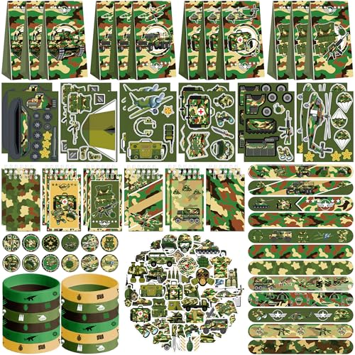 Camouflage-Partygeschenke, 12 Geschenktüten, 12 Mini-Notizblöcke, 12 Gummi-Armbänder, 50 Aufkleber, 12 zusammenbaubare Aufkleber, 12 Knopf-Abzeichen, 12 Slap-Armbänder für Armee, Jagd, von ENCETARDE