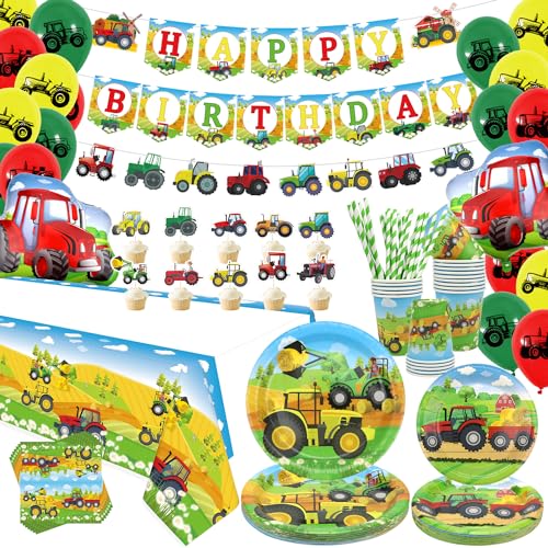 ENCETARDE Geschirrzubehör für Traktor-Geburtstagspartys für 20 Personen – inklusive Traktor-Happy-Birthday-Banner, Teller, Servietten, Becher, Strohhalme, Tischdecke, Luftballons, für Barnyard Farm Pa von ENCETARDE