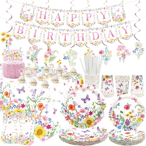 Wildblumen-Party-Dekorationen, florales Geburtstagsparty-Zubehör, Teller, Becher, Servietten, Tischdecke, Happy Birthday-Banner, Kuchendekoration, hängende Wirbel für Frühling, Sommer, Picknicks, Wildblumen-Party-Dekorationen, florales Geburtstagsparty-Zubehör, Teller, Becher, Servietten, Tischdecke, Happy Birthday-Banner, Kuchendekoration, hängende Wirbel für Frühling, Sommer, Picknicks, von ENCETARDE