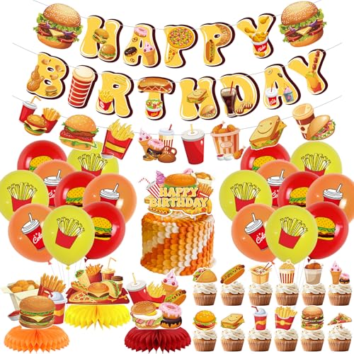 Fast-Food-Party-Dekorationen, Hot-Dog-Geburtstagsparty-Zubehör, inklusive Kartoffel-Banner, Kuchendekoration, Waben-Mittelstücke, Aufkleber und Luftballons für Fast-Food-Geburtstagsdekorationen von ENCETARDE