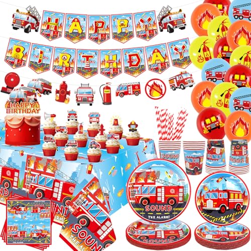 Feuerwehrauto Geburtstag Party Dekorationen für Feuerwehrauto Party Zubehör, Teller Tassen Servietten Tischdecke Alles Gute zum Geburtstag Banner Ballon Kuchen Toppers für von ENCETARDE