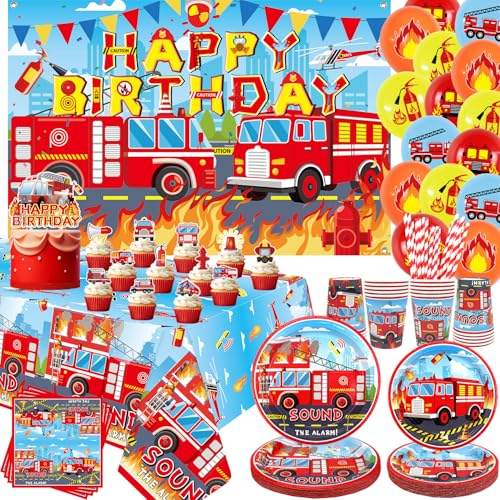 Feuerwehrauto Geburtstag Party Dekorationen für Feuerwehrauto Party Zubehör, Teller Tassen Servietten Tischdecke Alles Gute zum Geburtstag Hintergrund Ballon Kuchen Toppers für LKW Theme von ENCETARDE