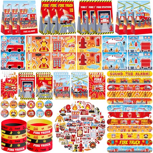 Feuerwehrauto-Partygeschenke, 12 Goodie-Tüten, 12 Mini-Notizblöcke, 12 Gummi-Armbänder, 50 Aufkleber, 12 zusammenbaubare Aufkleber, 12 Knopf-Abzeichen, 12 Slap-Armbänder für Feuerwehrmann, von ENCETARDE