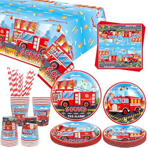 Feuerwehrwagen Party Zubehör. Feuerwehrwagen Party Geschirr Abendessen Teller Desserts Teller Tassen Servietten Tischdecke Strohhalme für LKW Theme Baby Dusche Zubehör, serviert 20 (20) von ENCETARDE