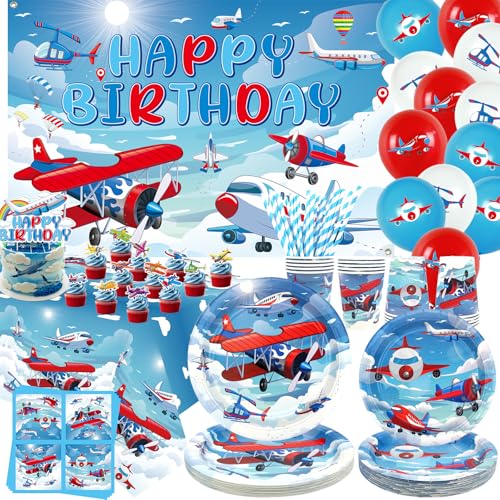 Flugzeug Geburtstag Party Dekorationen für Flugzeug Party Zubehör, Teller Tassen Servietten Tischdecke Alles Gute zum Geburtstag Hintergrund Ballon Kuchen Toppers für von ENCETARDE