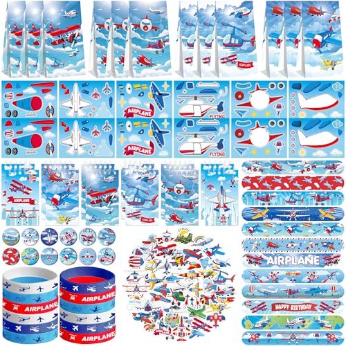 Flugzeug-Partygeschenke, 12 Geschenktüten, 12 Mini-Notizblöcke, 12 Gummi-Armbänder, 50 Aufkleber, 12 zusammenbaubare Aufkleber, 12 Knopf-Abzeichen, 12 Slap-Armbänder für Flugzeug-Party, Babyparty, 122 von ENCETARDE