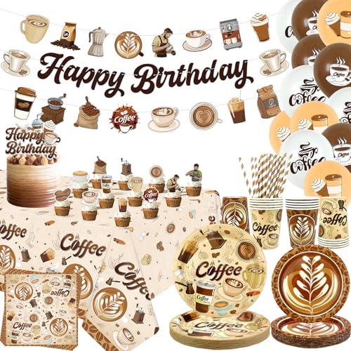 Kaffee Party Dekoration, Kaffee Geburtstag Dekorationen, Teller Tassen Servietten Tischdecke Happy Birthday Banner Ballon Kuchen Topper für Kaffee Party Supplies, Serves 20 von ENCETARDE