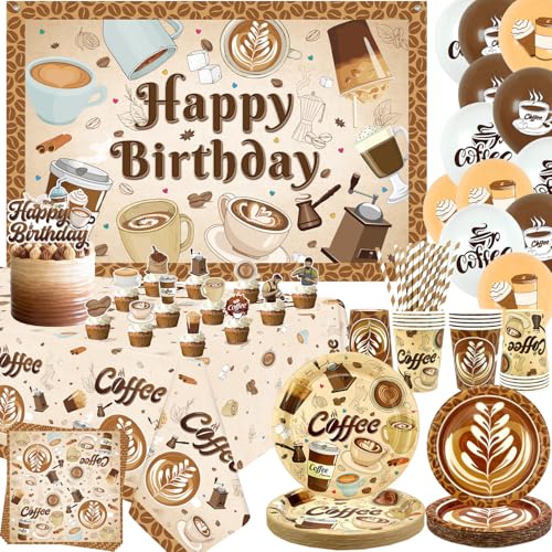 Kaffee-Party-Dekoration, Kaffee-Geburtstagsdekoration, Teller, Tassen, Servietten, Tischdecke, Happy Birthday, Ballon-Kuchenaufsätze für Kaffeeparty, 20 Stück von ENCETARDE