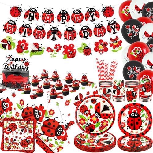 Ladybug Party Dekoration, Marienkäfer Geburtstag Dekorationen, Teller Tassen Servietten Tischdecke Happy Birthday Banner Ballon Kuchen Topper für Ladybug Party Supplies, Serves 20 von ENCETARDE