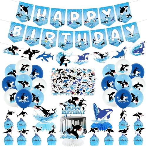 Orca-Party-Dekorationen – Killerwale Partyzubehör enthält Orca Happy Birthday Banner, Kuchenaufsätze, Wabenaufsätze, Aufkleber und Luftballons für Orca-Wale Geburtstagsdekoration Orca-Party-Dekorationen – Killerwale Partyzubehör enthält Orca Happy Birthday Banner, Kuchenaufsätze, Wabenaufsätze, Aufkleber und Luftballons für Orca-Wale Geburtstagsdekoration von ENCETARDE