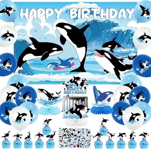 Orca-Party-Dekorationen – Killerwale Partyzubehör enthält Orca Happy Birthday Hintergrund, Kuchenaufsätze, Wabenaufsätze, Aufkleber und Luftballons für Orca-Wale Geburtstagsdekoration Orca-Party-Dekorationen – Killerwale Partyzubehör enthält Orca Happy Birthday Hintergrund, Kuchenaufsätze, Wabenaufsätze, Aufkleber und Luftballons für Orca-Wale Geburtstagsdekoration von ENCETARDE