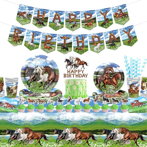 Pferd Geburtstag Party Dekoration, Pferd Party Zubehör, Teller Tassen Servietten Tischdecke Happy Birthday Banner Kuchen Toppers für Cowboy Western Cowboy Boys Geburtstag Gefälligkeiten von ENCETARDE